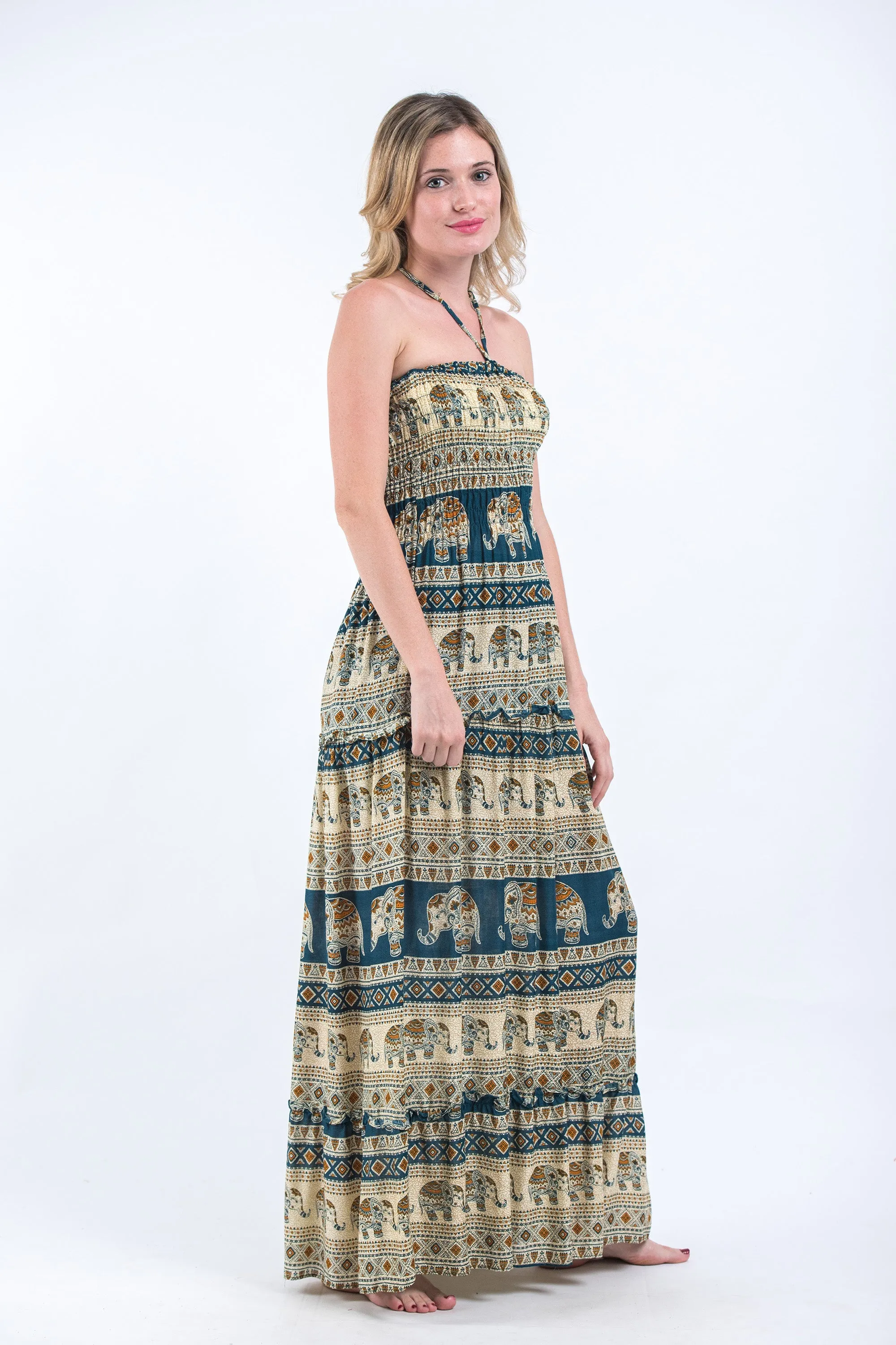 Festive Elephants Smocked Bandeau Maxi Dress in Teal