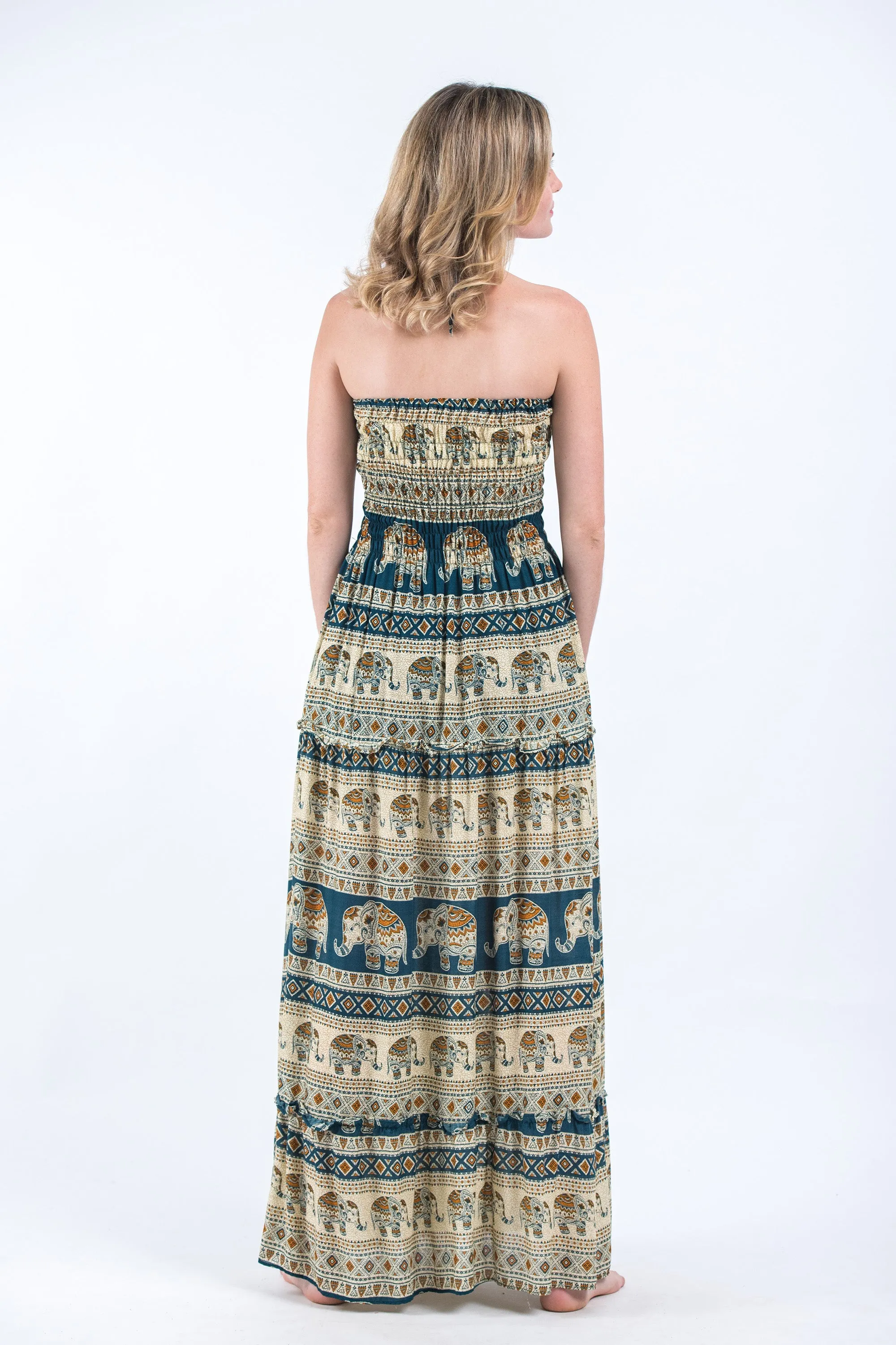 Festive Elephants Smocked Bandeau Maxi Dress in Teal