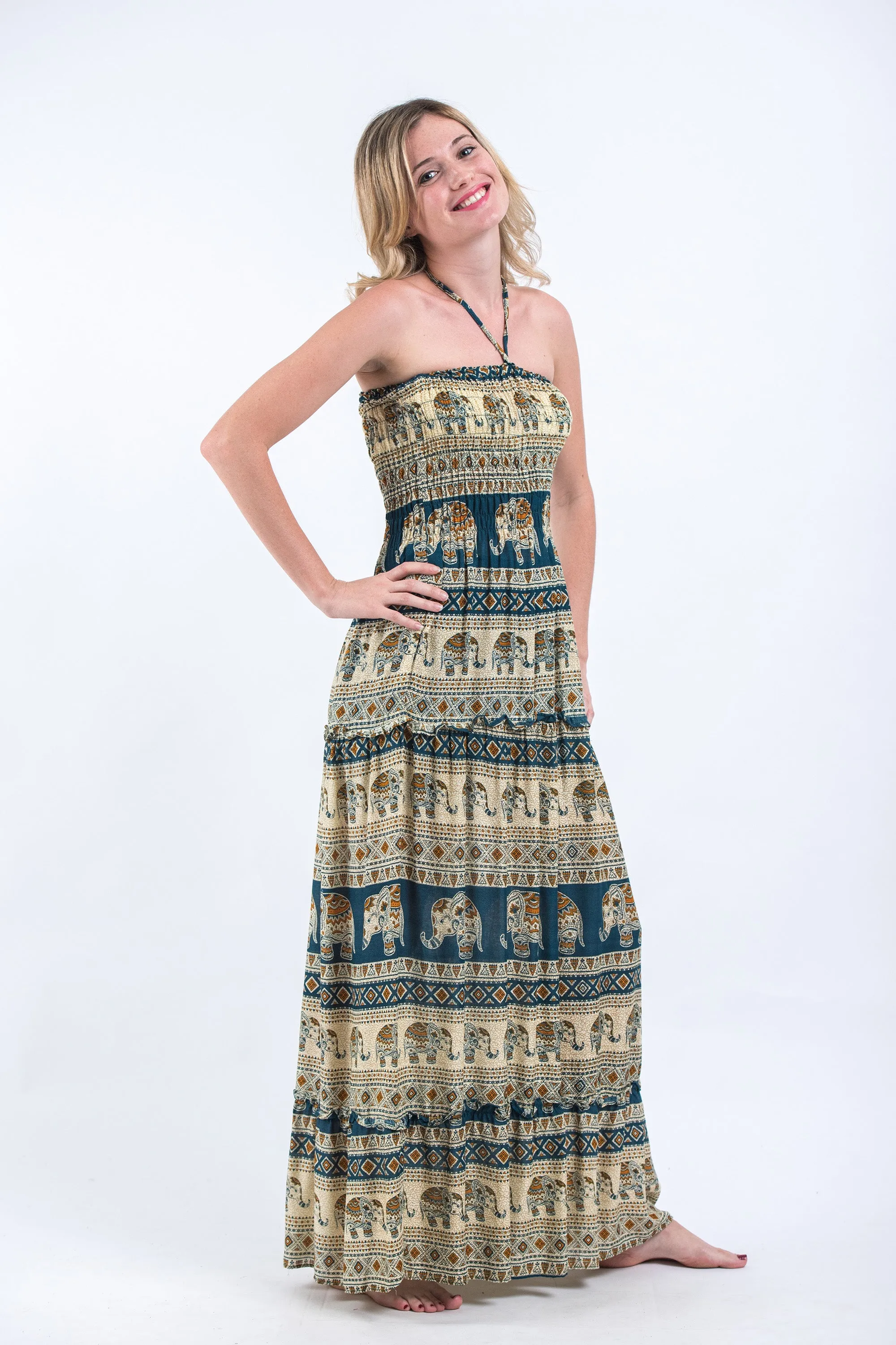 Festive Elephants Smocked Bandeau Maxi Dress in Teal