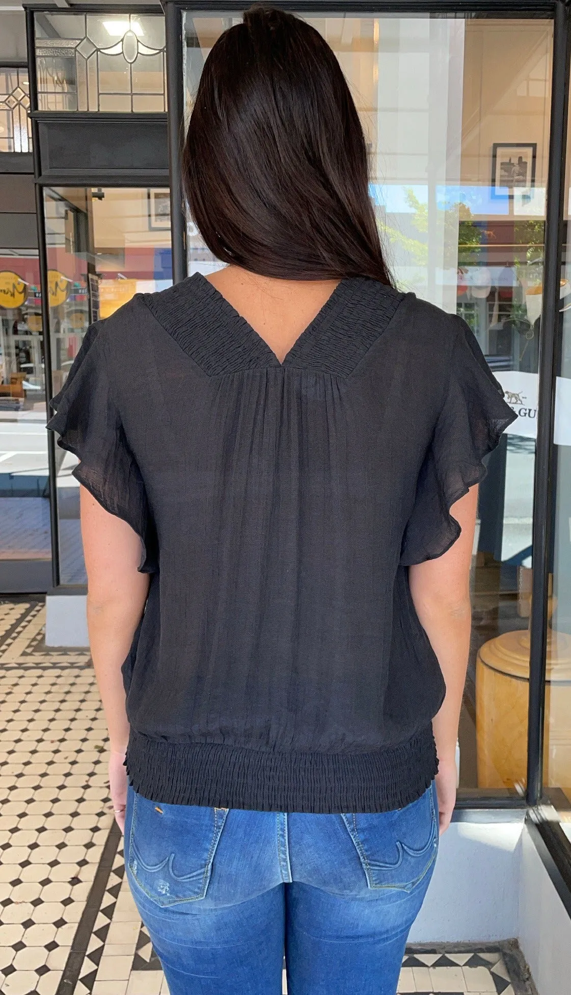 Fiona Smocked V Neck Top Black