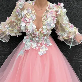 flare sleeve pink prom dresses long 3d flowers lace appliqué elegant v neck prom gown 2020 vestido de Longo