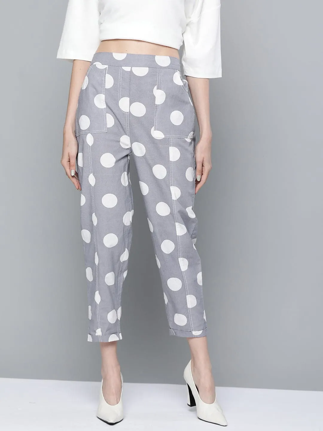 Grey & White Polka Print Tapered Pants