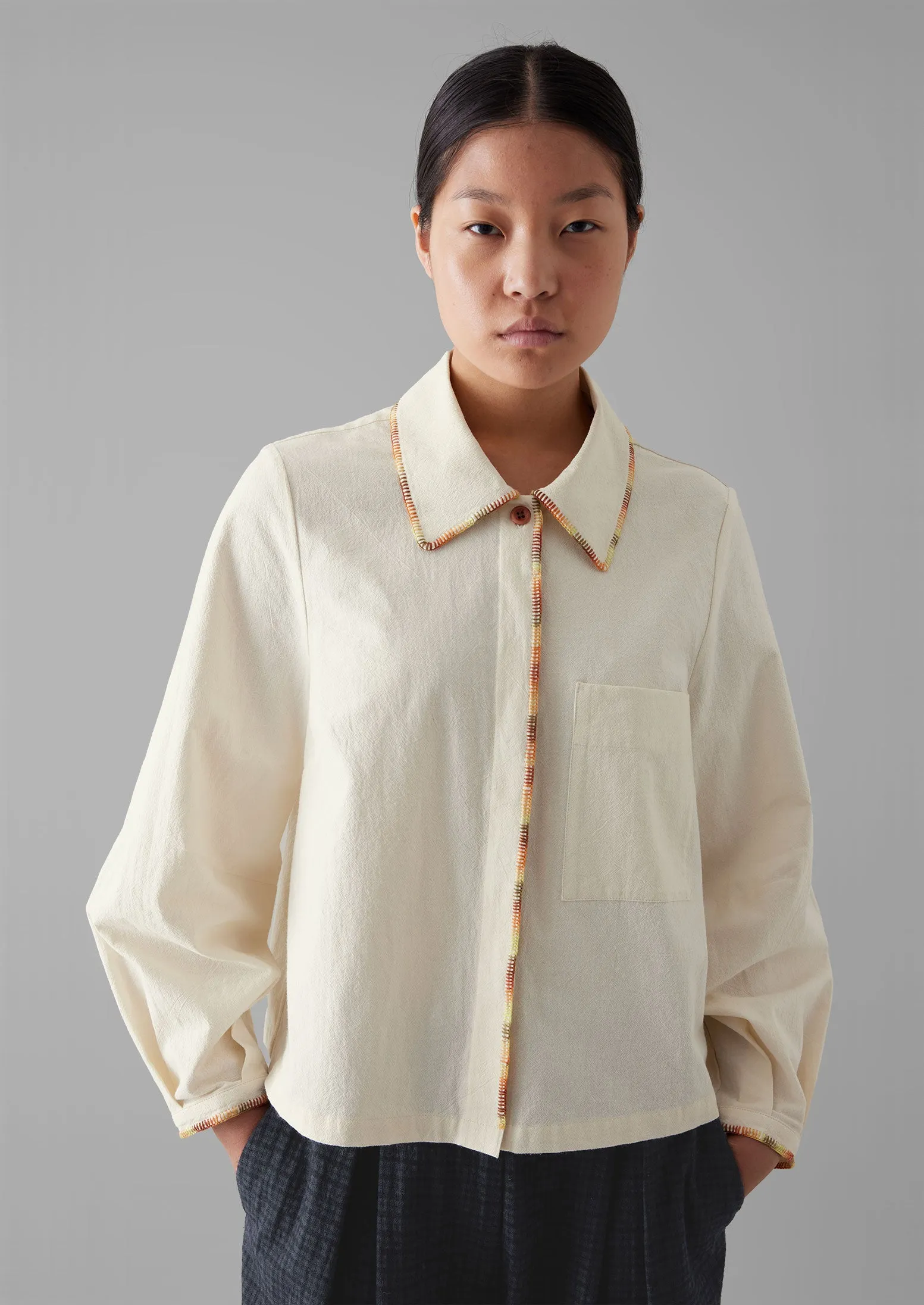 Hand Embroidered Textured Cotton Shirt | Ecru/Multi