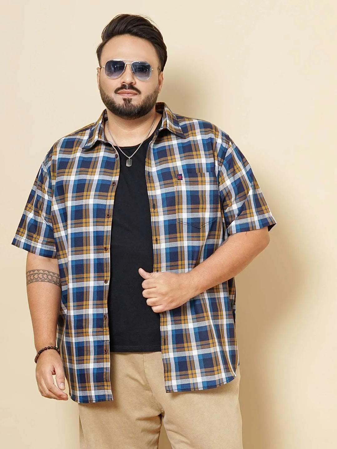 Hardsoda Men Navy Plus Size Checked Casual Shirt