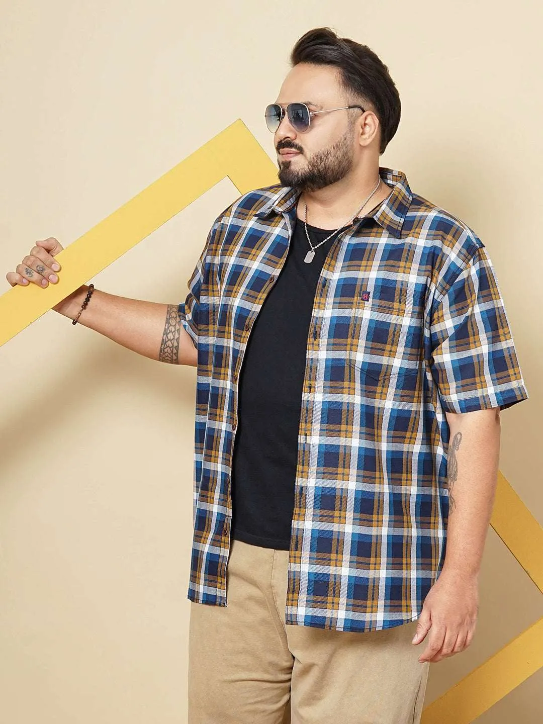 Hardsoda Men Navy Plus Size Checked Casual Shirt