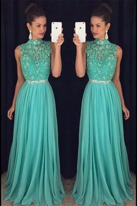 high neck prom dresses long chiffon lace applique beaded turquoise blue lace prom gown robe de soiree