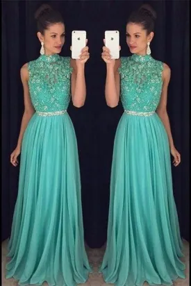 high neck prom dresses long chiffon lace applique beaded turquoise blue lace prom gown robe de soiree