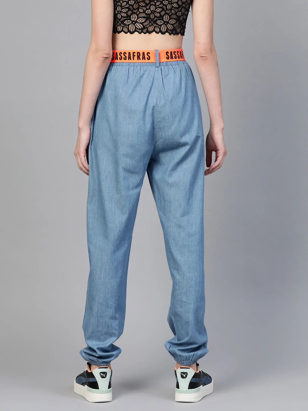 Ice Blue Contrast Belted Denim Jogger