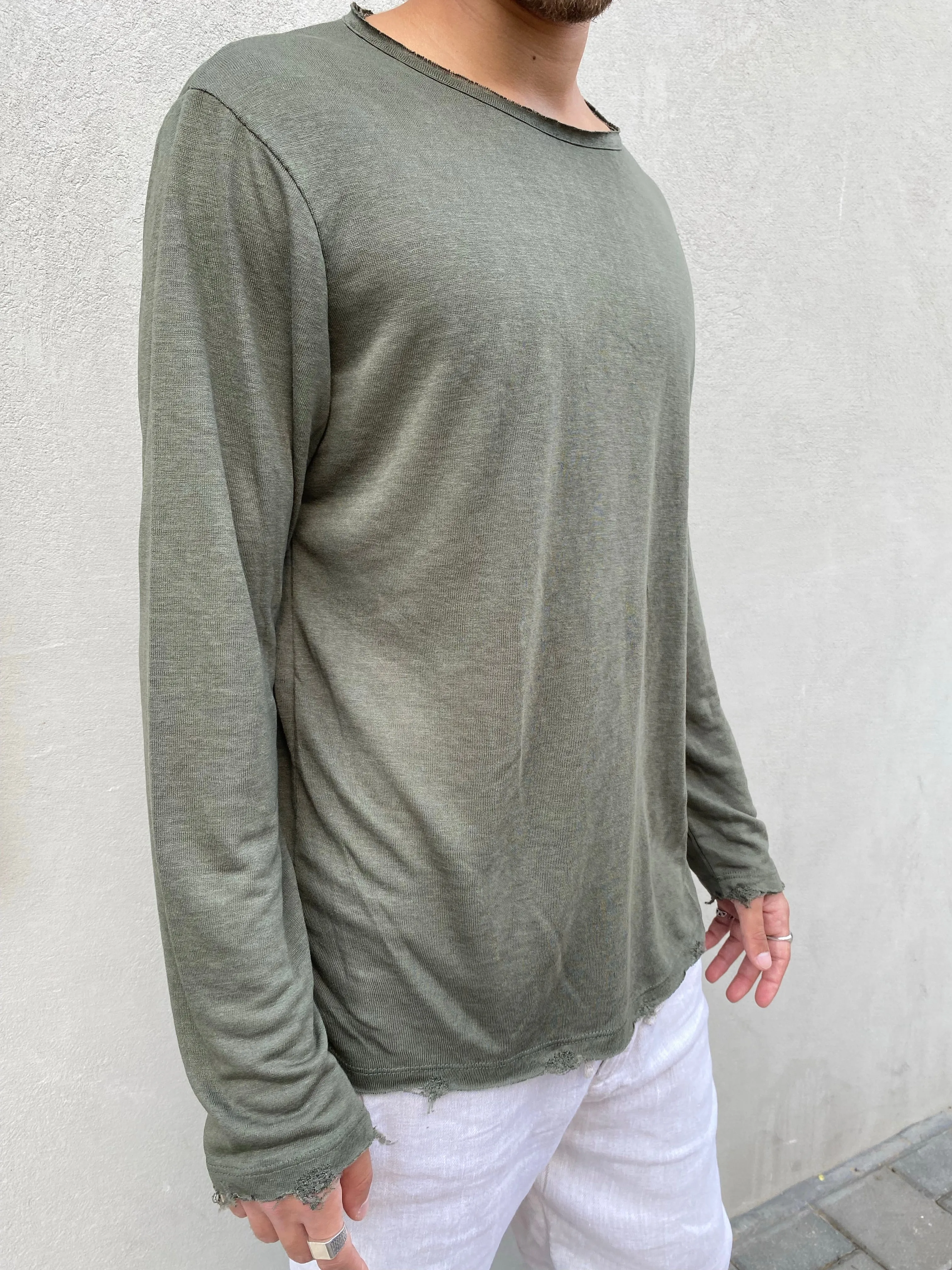 LINEN LONG SLEEVE SHIRT - OLIVE GREEN