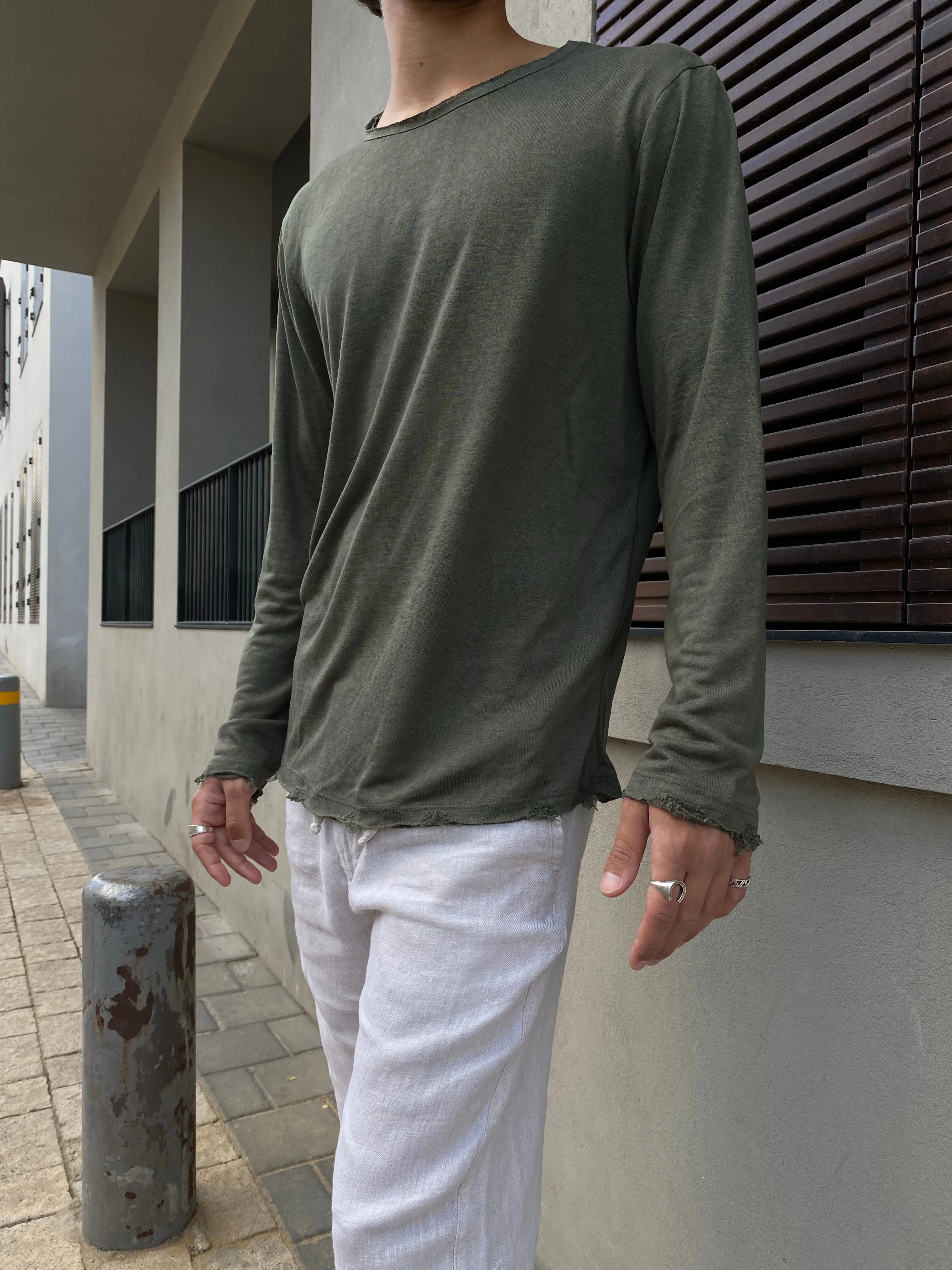 LINEN LONG SLEEVE SHIRT - OLIVE GREEN