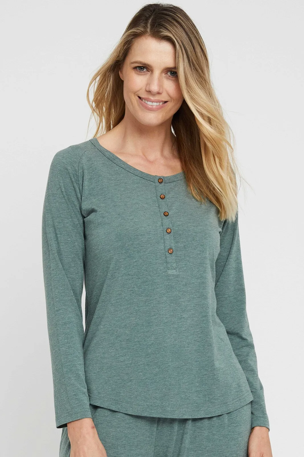 Long Sleeve Henley Top - Moss Green