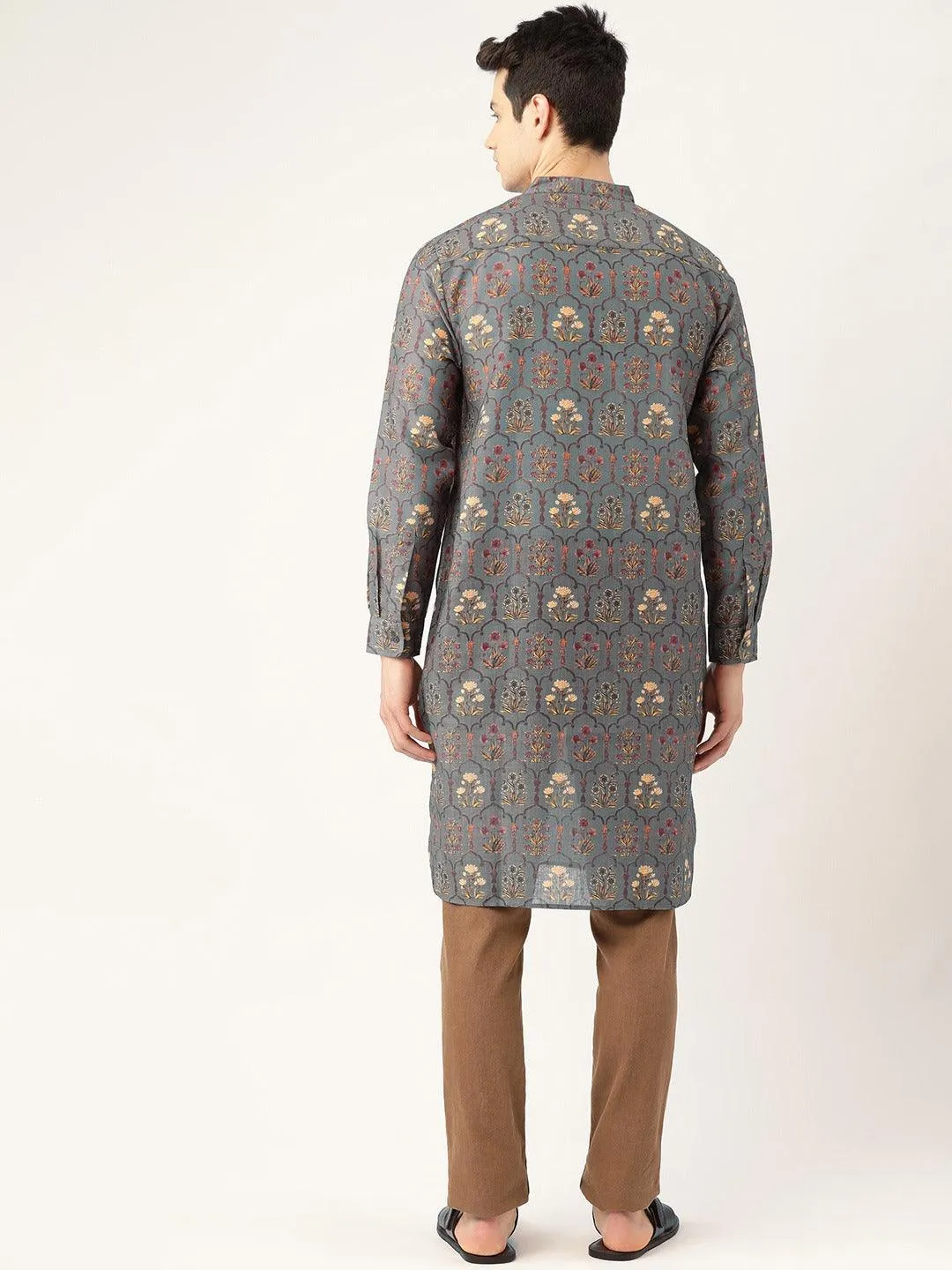 Men Grey & Brown Printed Straight Kurta