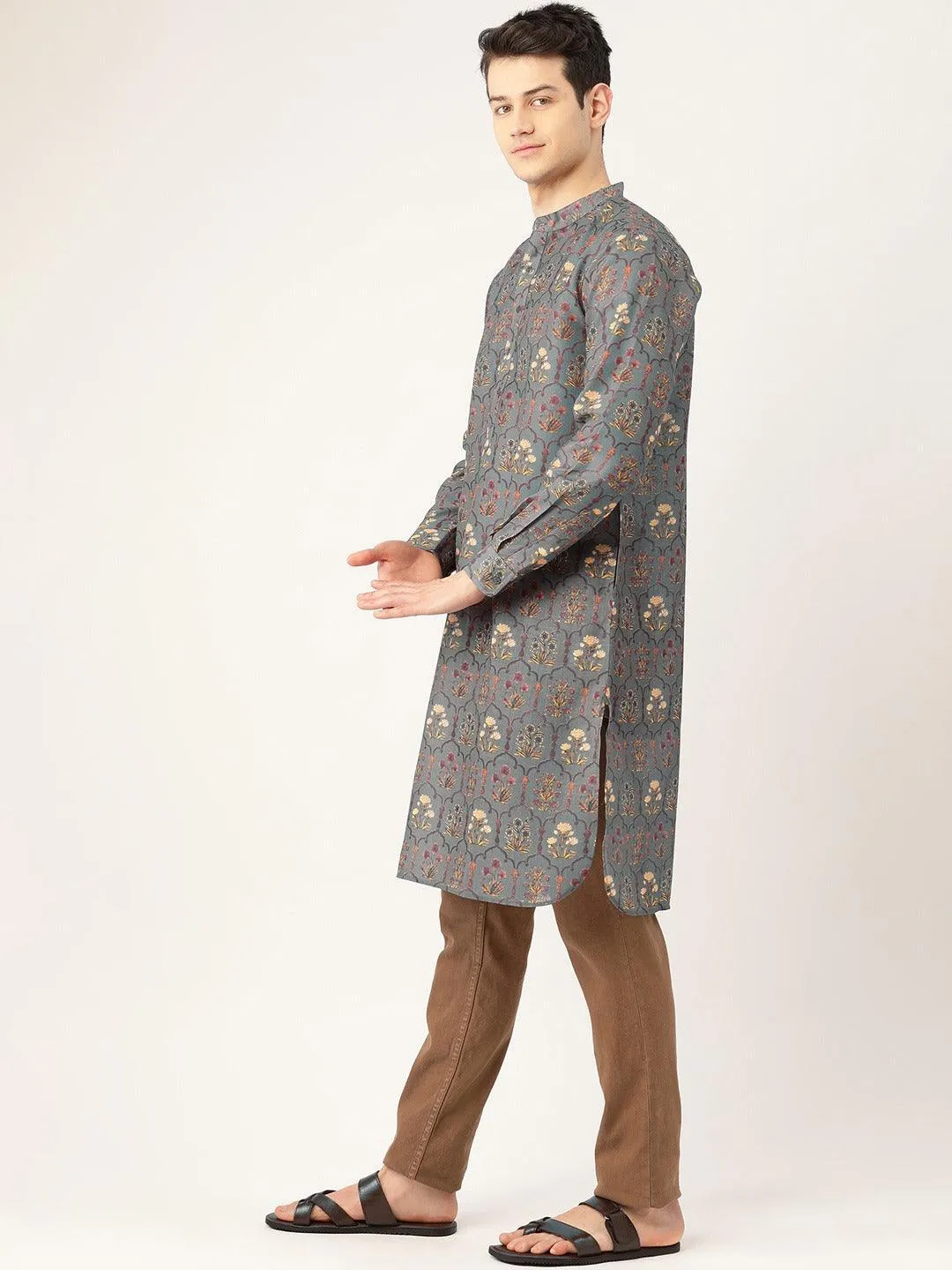 Men Grey & Brown Printed Straight Kurta