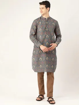 Men Grey & Brown Printed Straight Kurta