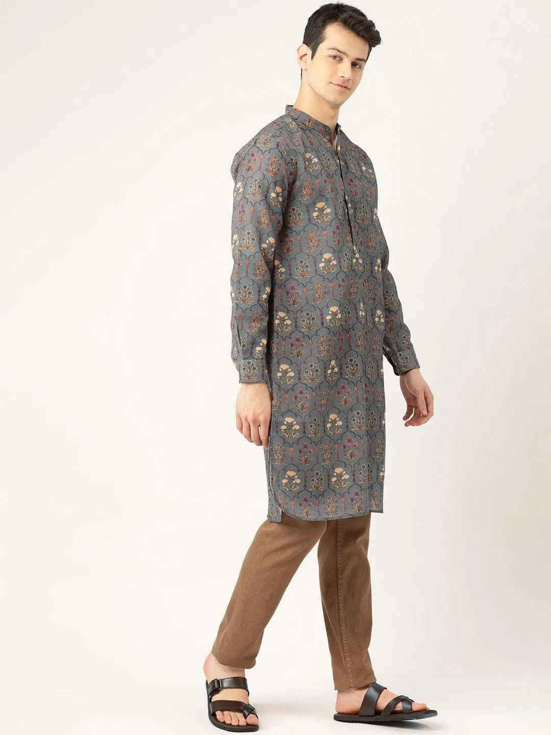 Men Grey & Brown Printed Straight Kurta