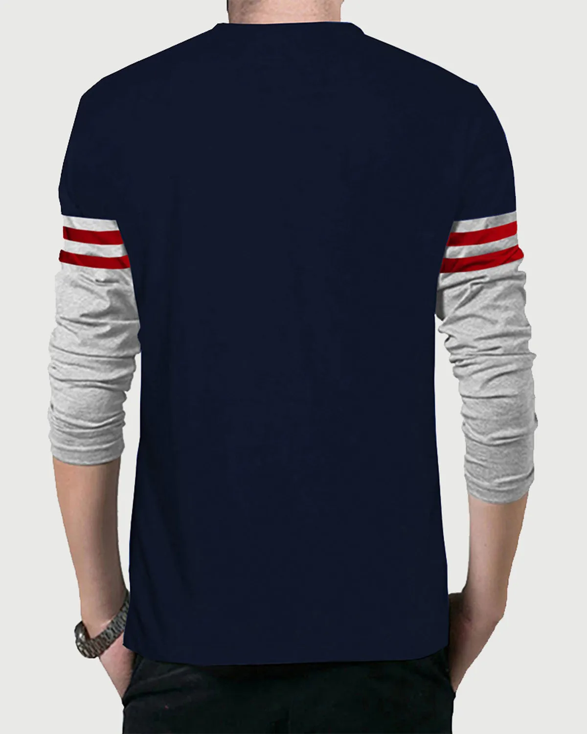 Men Navy Blue Grey Full Hand Round Neck Striped T-shirt