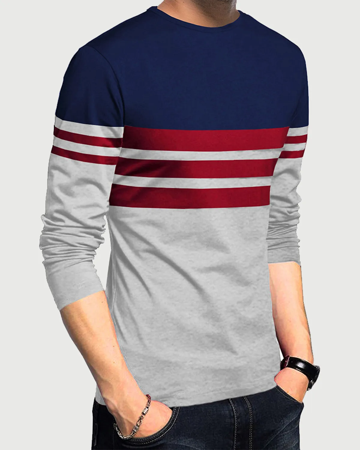 Men Navy Blue Grey Full Hand Round Neck Striped T-shirt