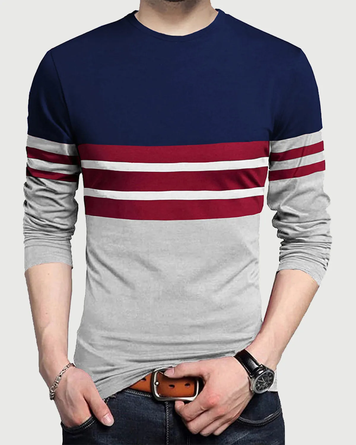 Men Navy Blue Grey Full Hand Round Neck Striped T-shirt