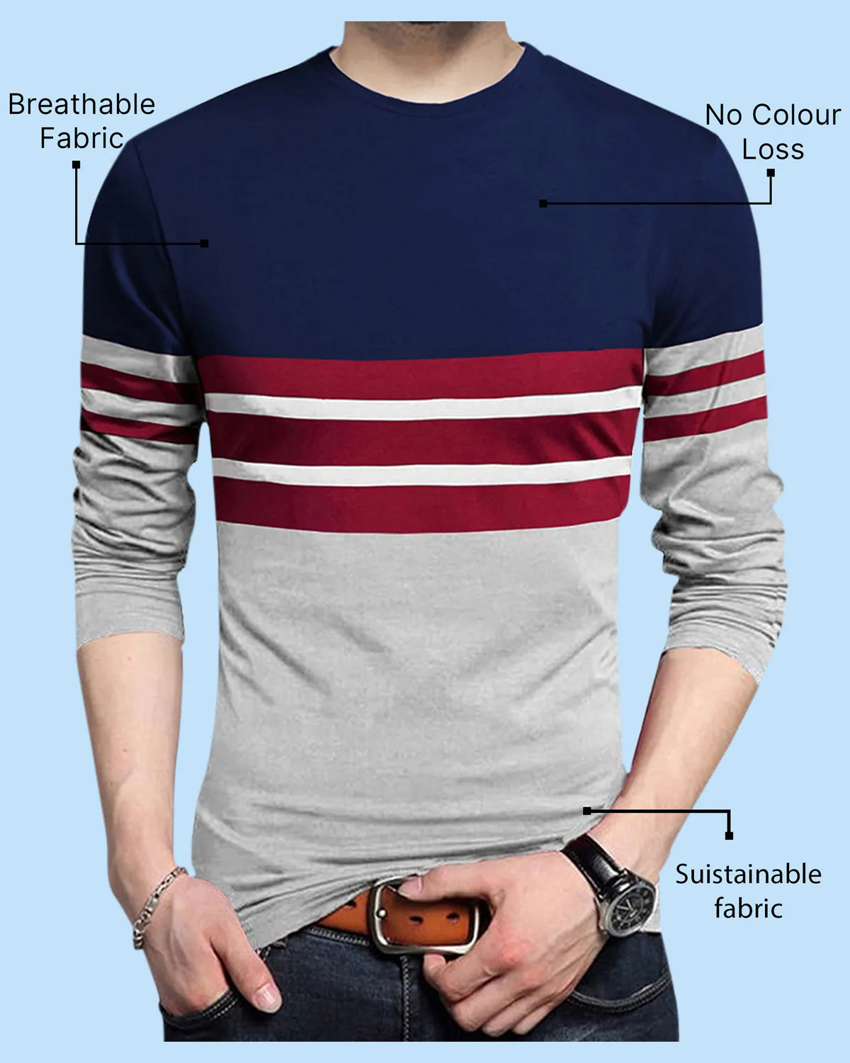 Men Navy Blue Grey Full Hand Round Neck Striped T-shirt