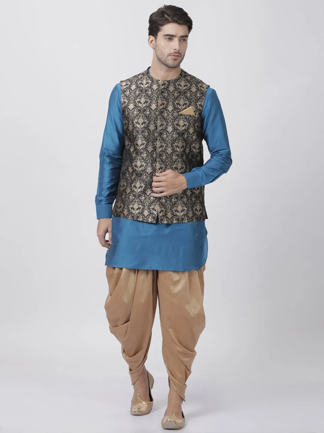 Men's Firozi Blue Cotton Silk Blend Kurta, Ethnic Jacket and Dhoti Pant Set