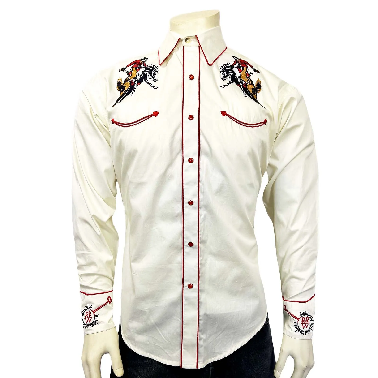 Men’s Rockmount Bronc Vintage Embroidery Western Shirt in Ivory