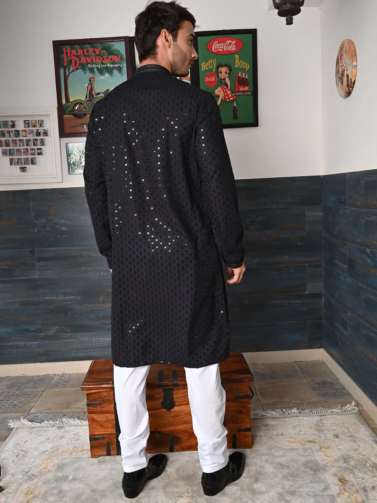 Odette Black Embroidered Cotton Traditional Kurta Set For Men