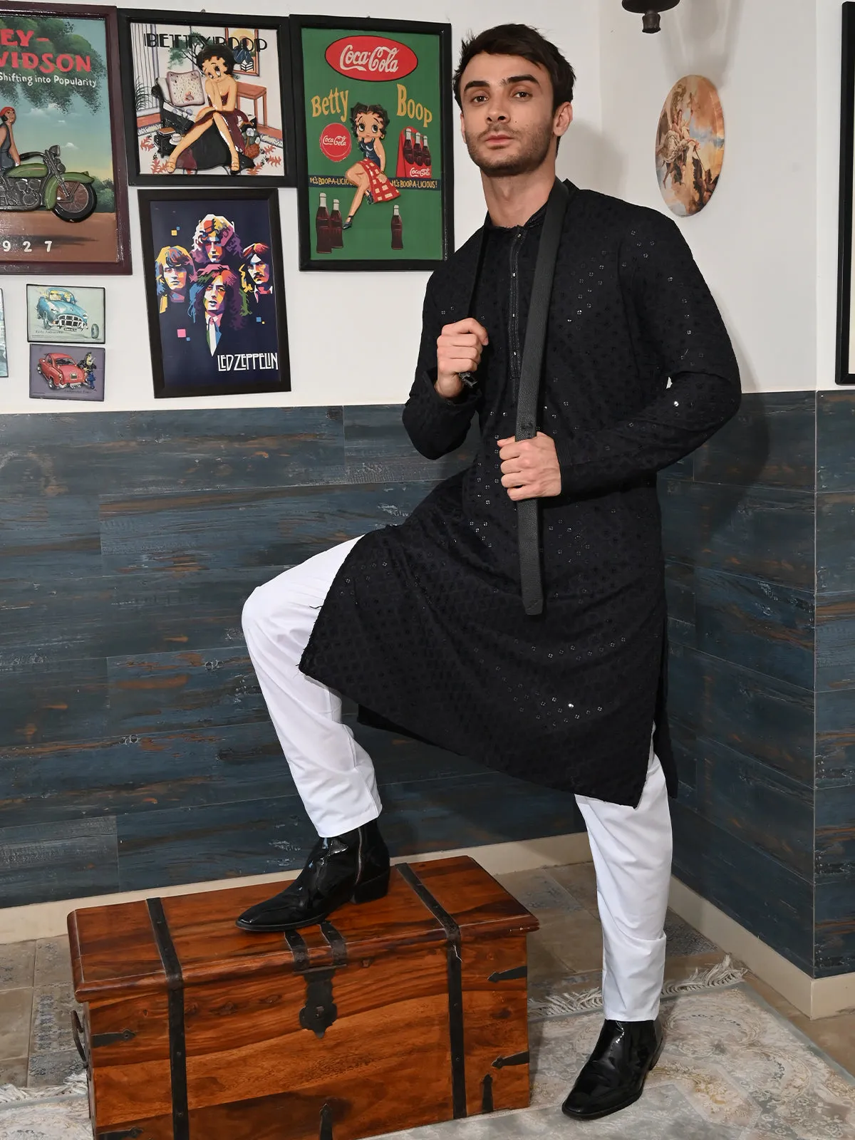 Odette Black Embroidered Cotton Traditional Kurta Set For Men