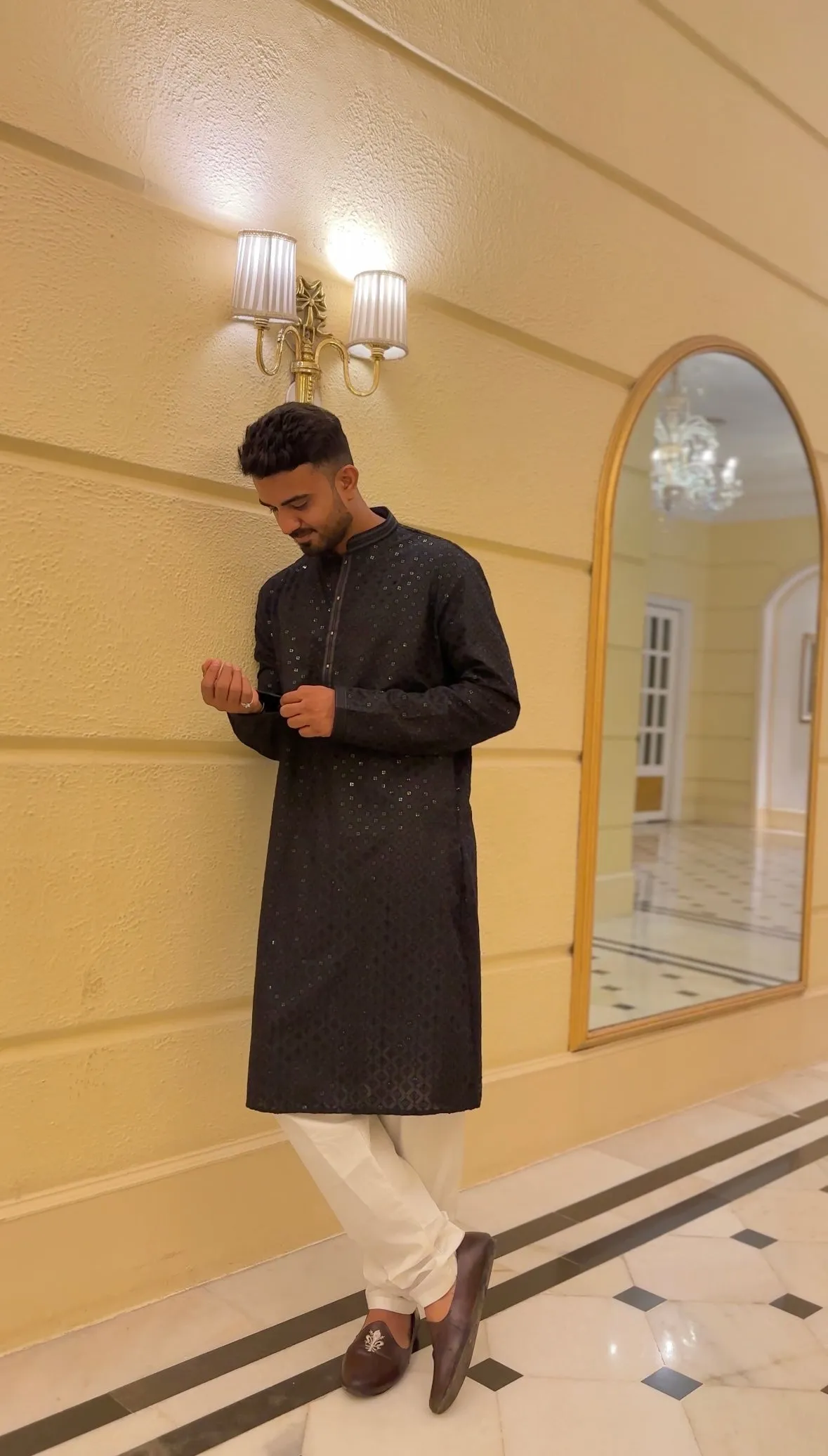 Odette Black Embroidered Cotton Traditional Kurta Set For Men