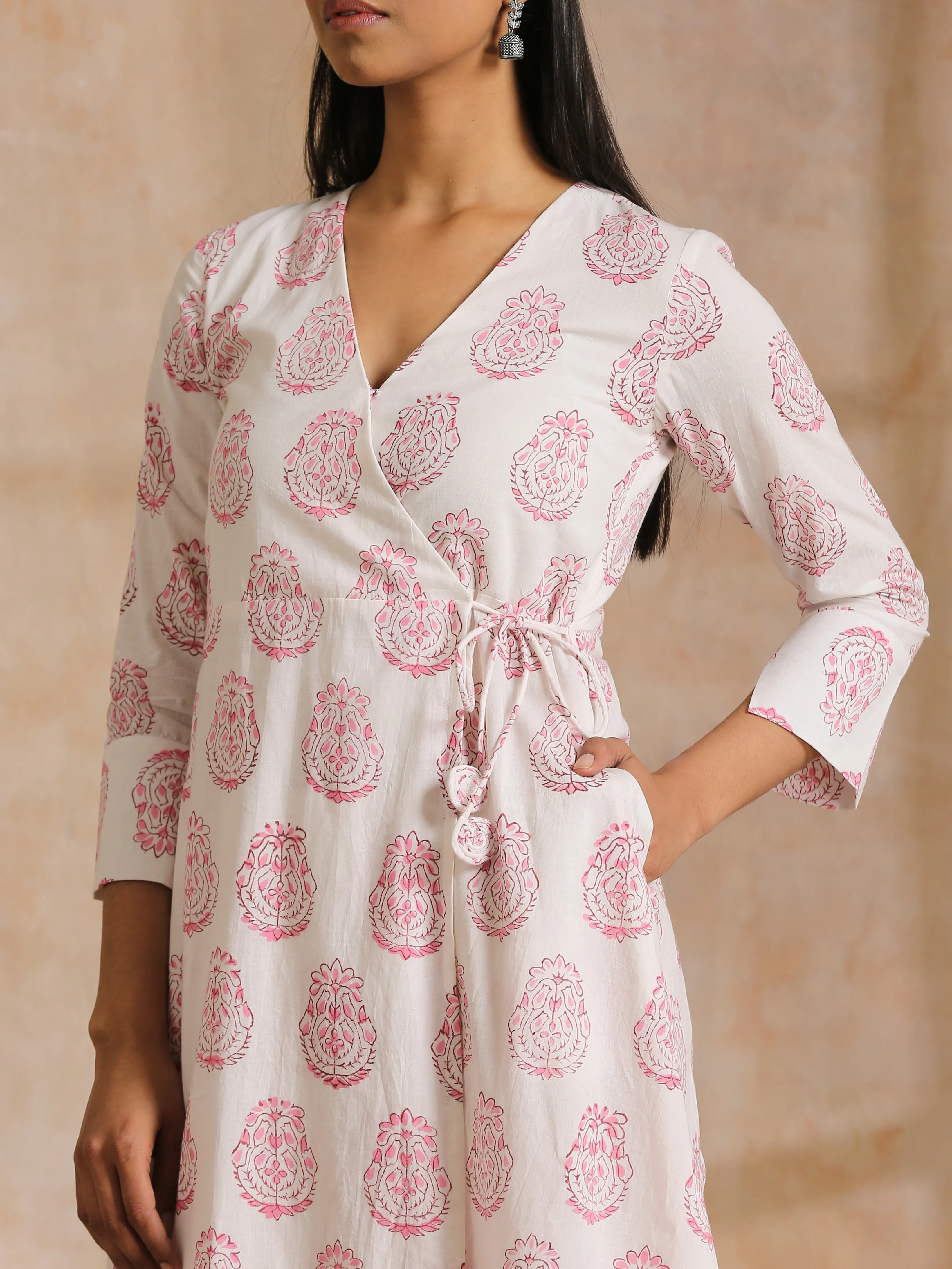 Pink Big Buta On White Print Cotton Angrakha Kurta Pant Set