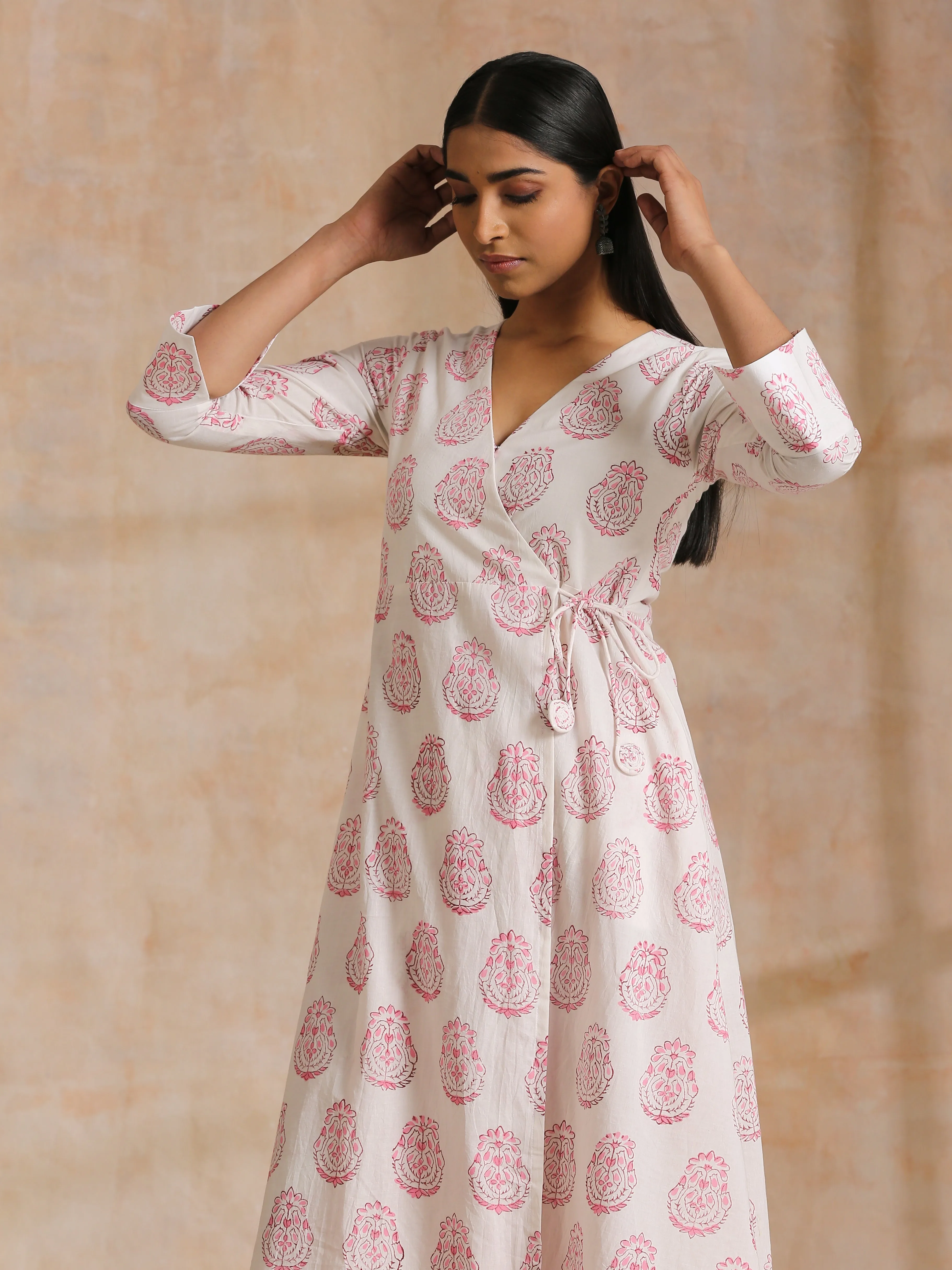 Pink Big Buta On White Print Cotton Angrakha Kurta Pant Set