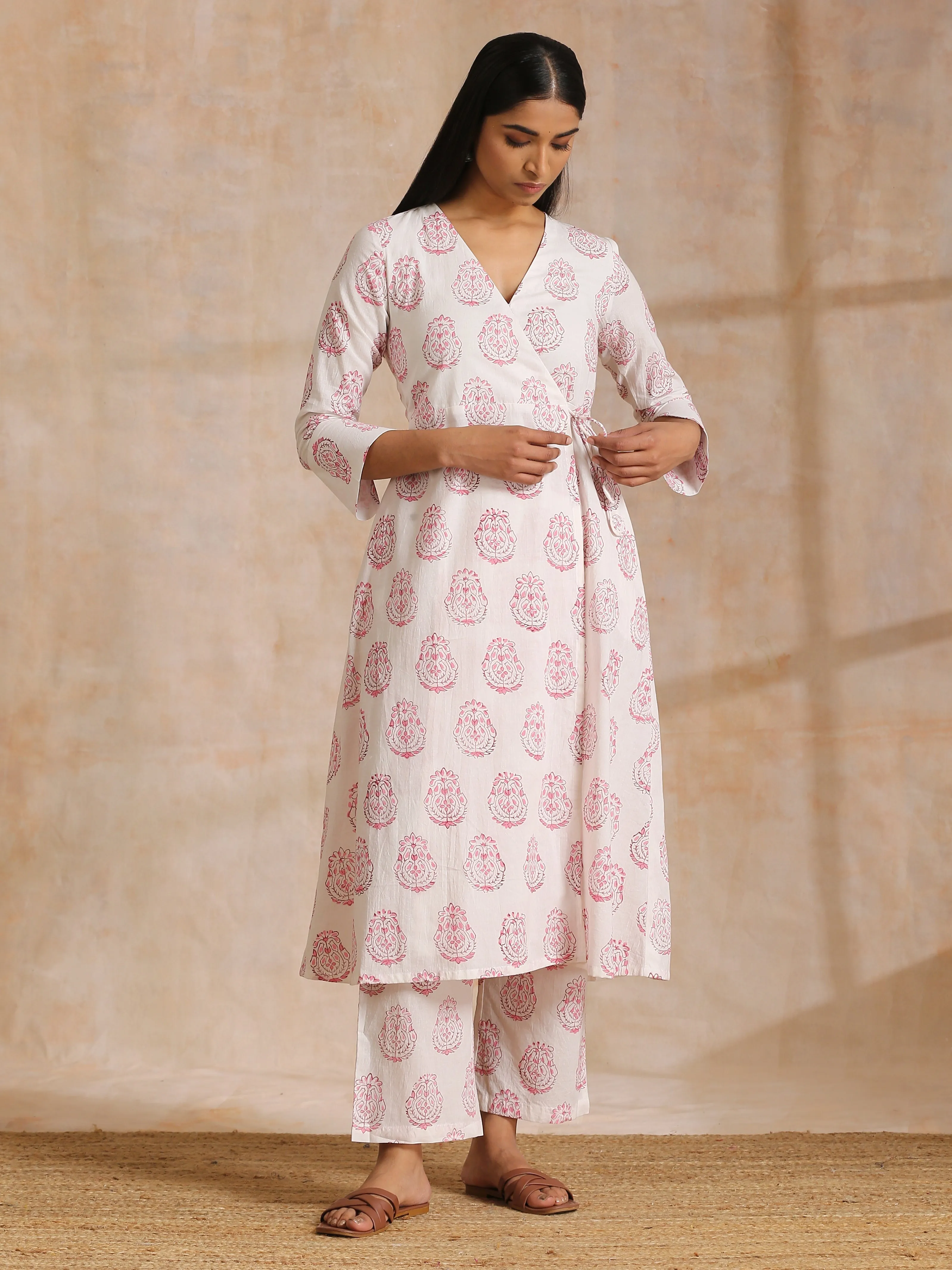 Pink Big Buta On White Print Cotton Angrakha Kurta Pant Set