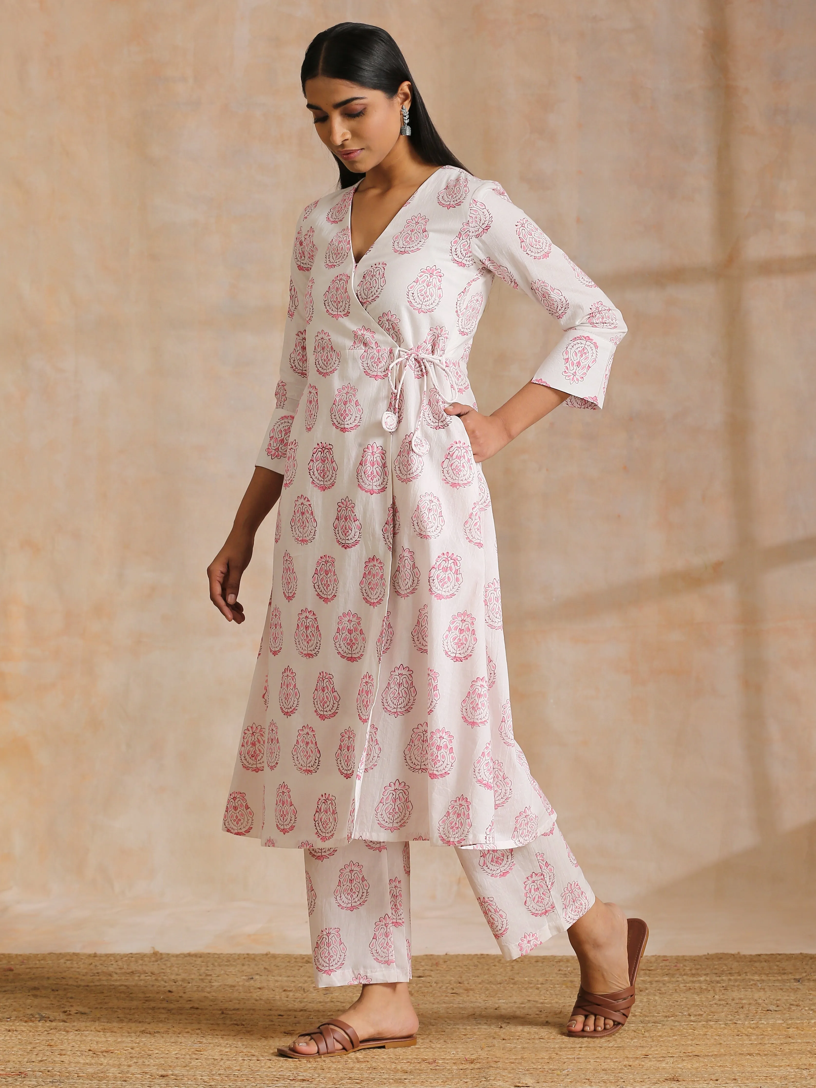 Pink Big Buta On White Print Cotton Angrakha Kurta Pant Set