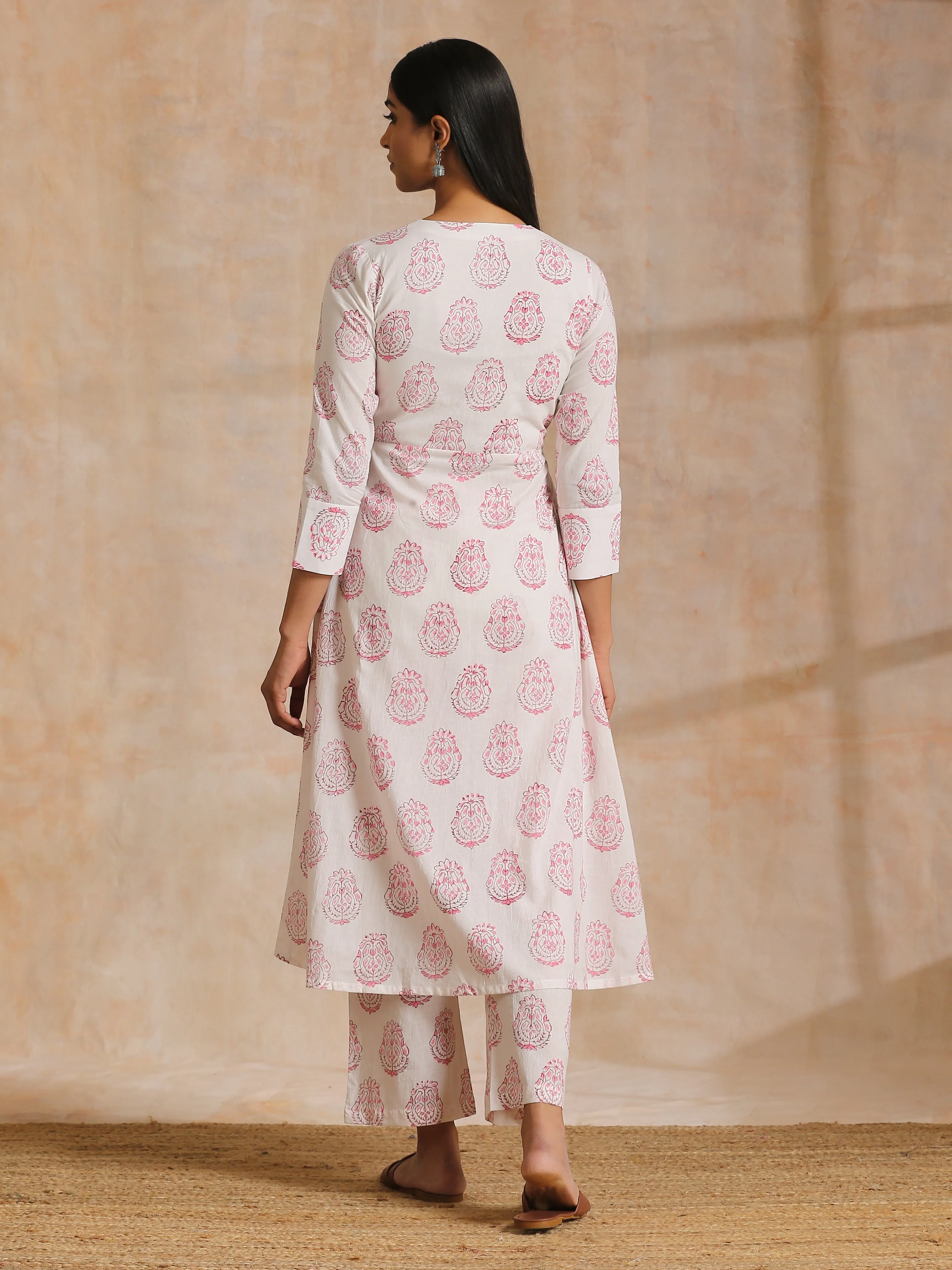 Pink Big Buta On White Print Cotton Angrakha Kurta Pant Set