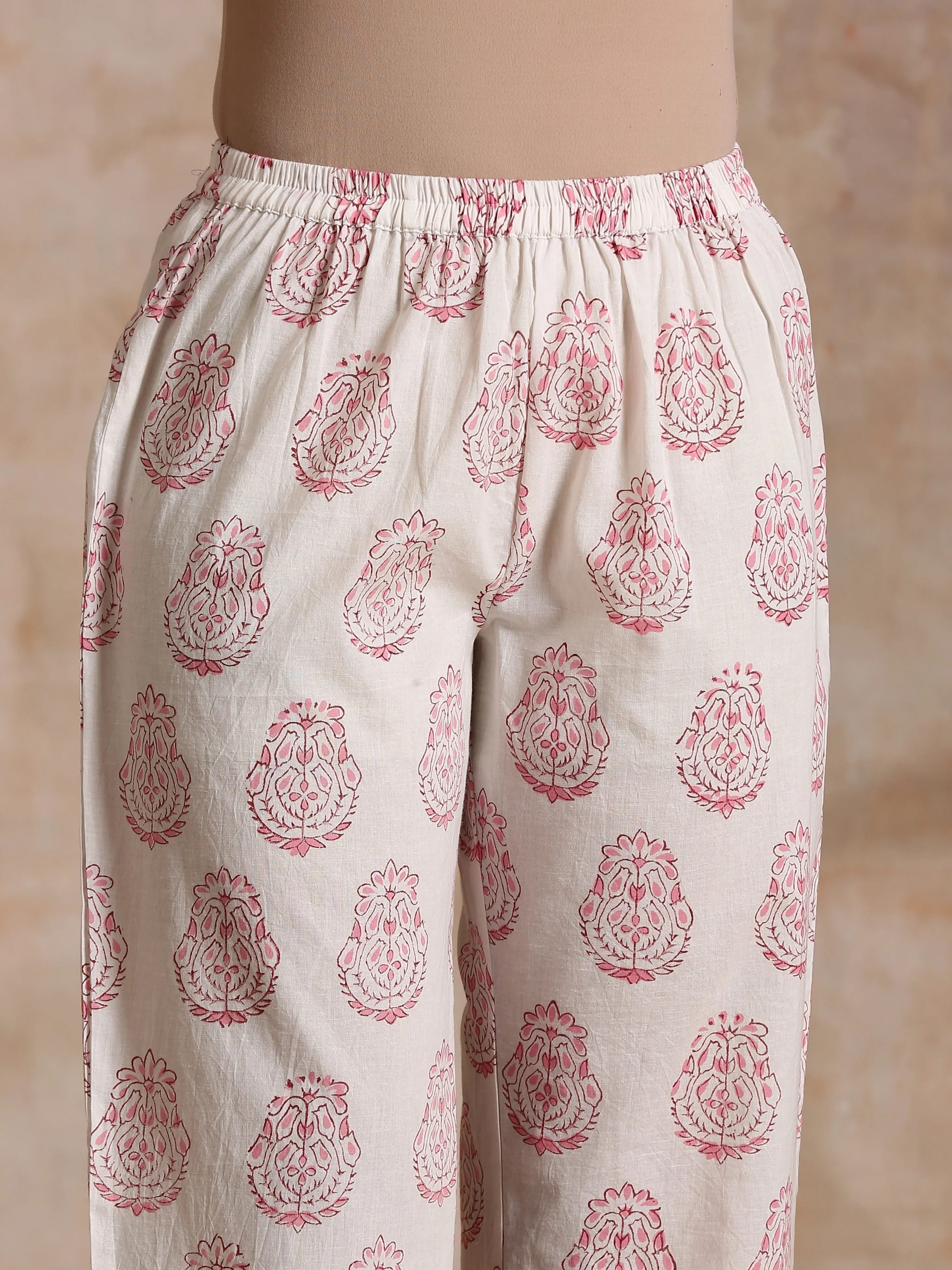 Pink Big Buta On White Print Cotton Angrakha Kurta Pant Set