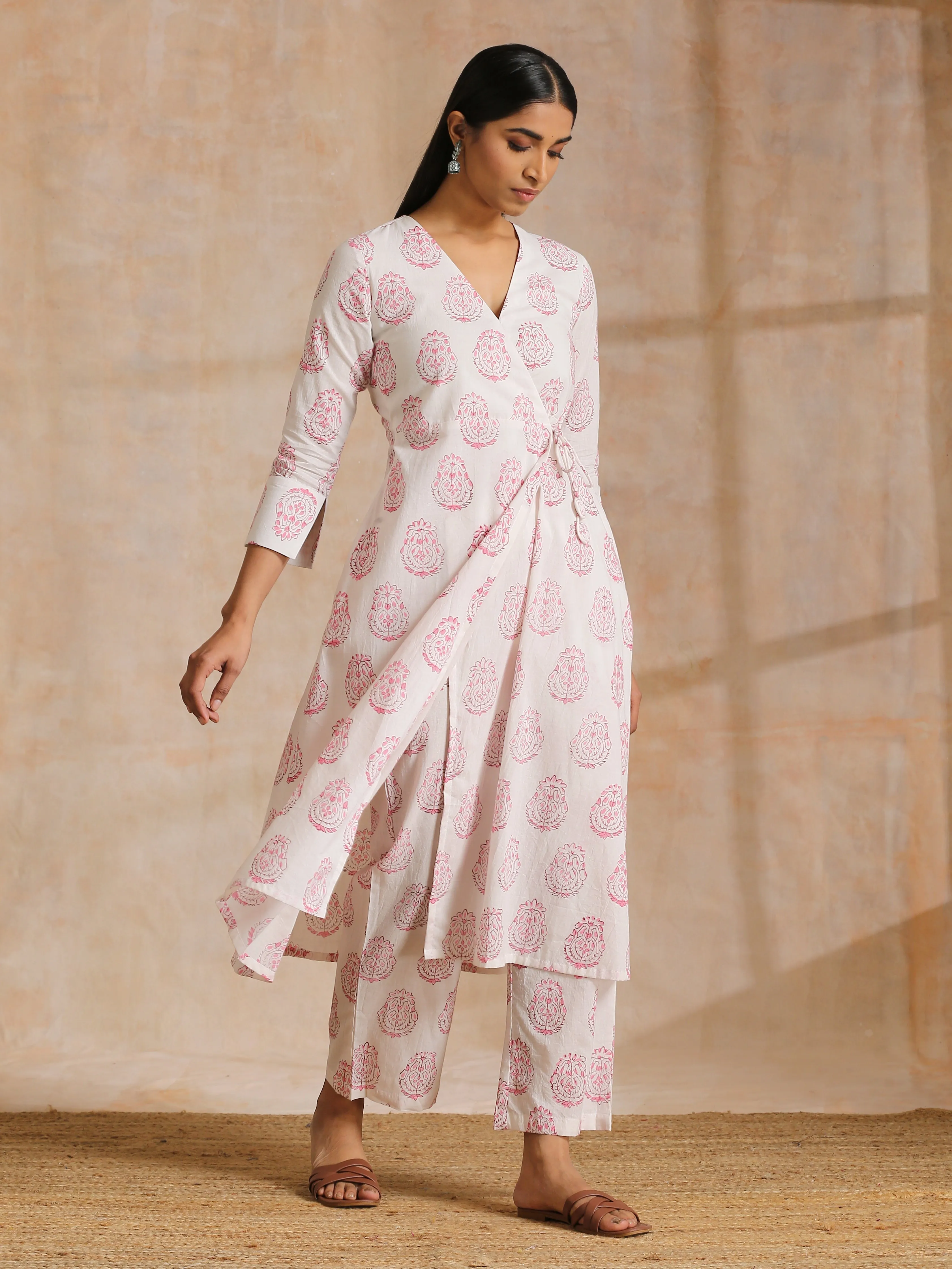 Pink Big Buta On White Print Cotton Angrakha Kurta Pant Set