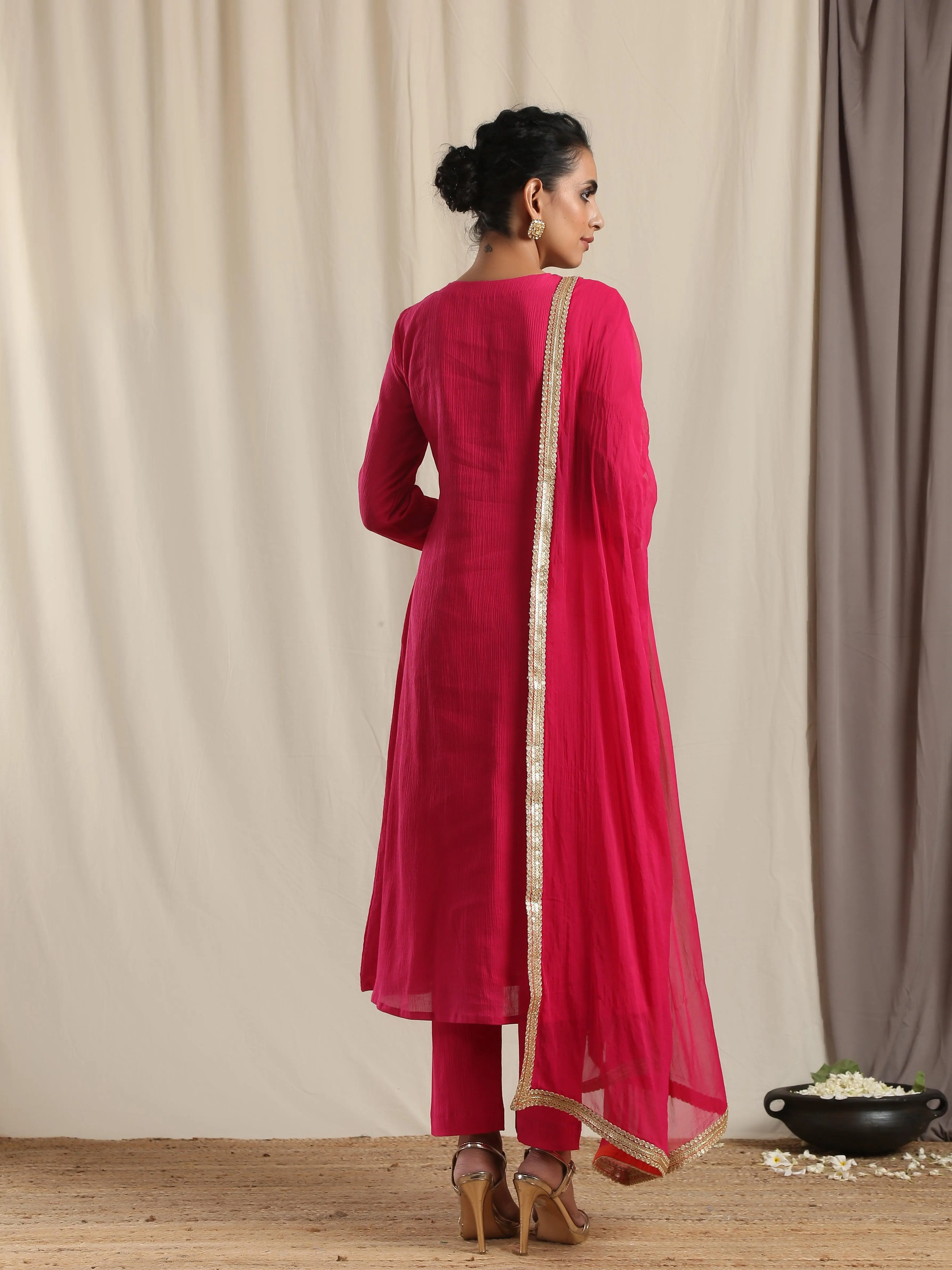 Pink Crinkle Flared Gota Kurta Pant Dupatta Set