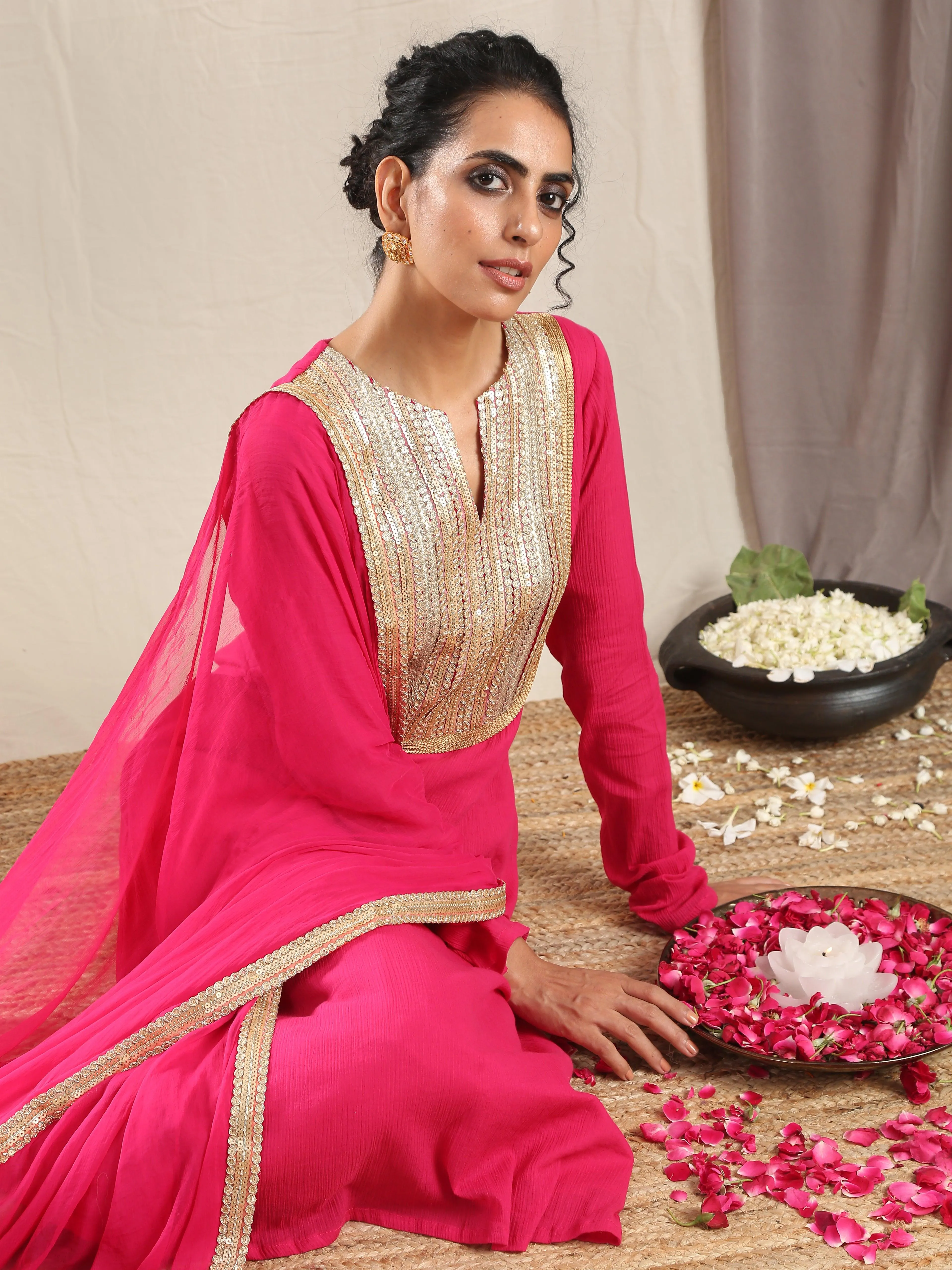 Pink Crinkle Flared Gota Kurta Pant Dupatta Set