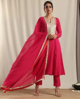 Pink Crinkle Flared Gota Kurta Pant Dupatta Set