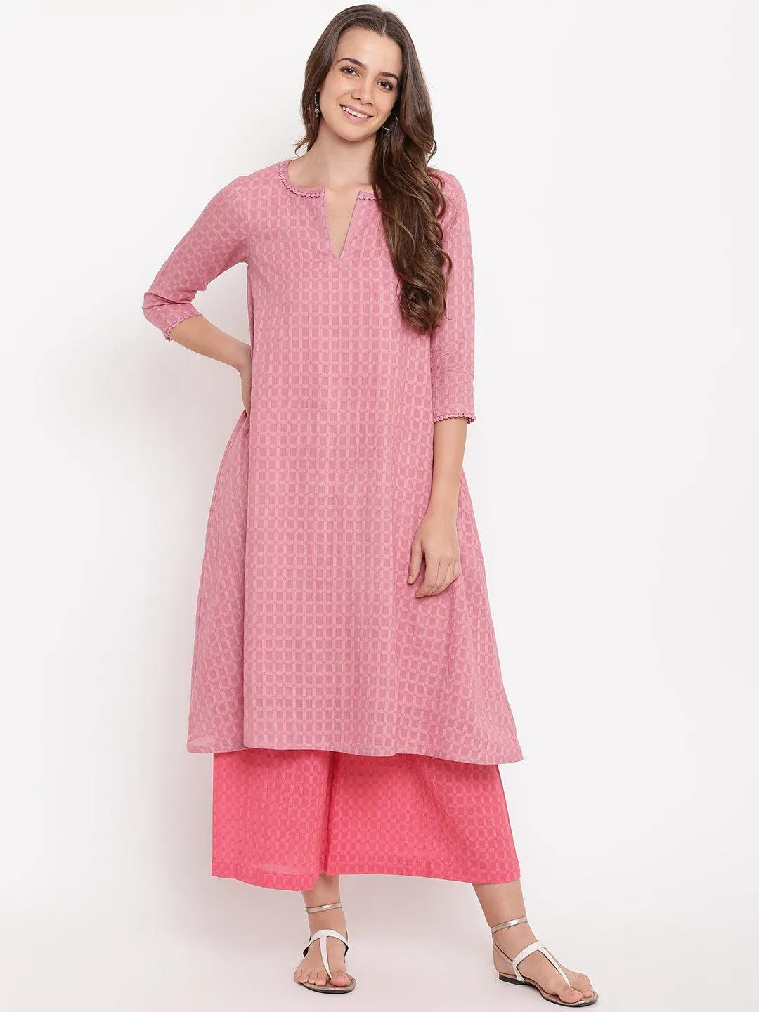 Pink Grid Dobby Kurta-Contrast Palazzo | Relove