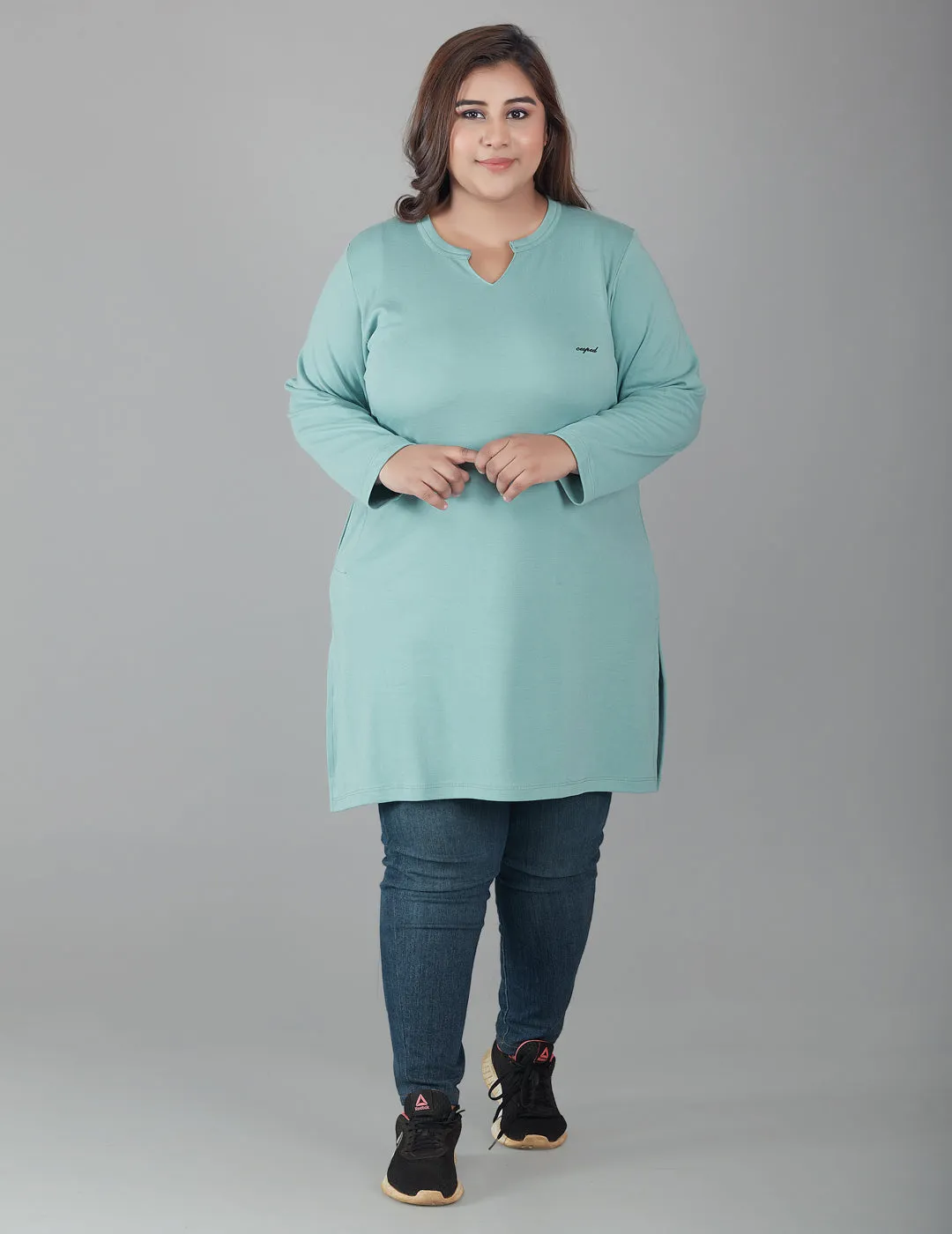 Plus Size Full Sleeves Long Top For Women - Sage