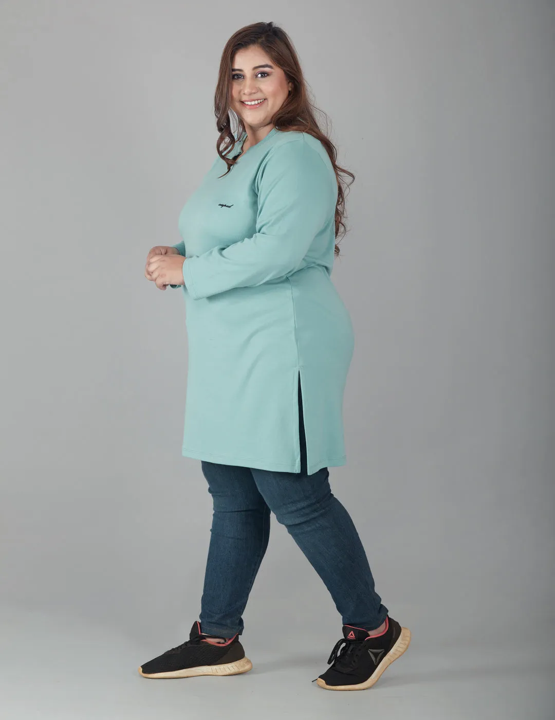 Plus Size Full Sleeves Long Top For Women - Sage