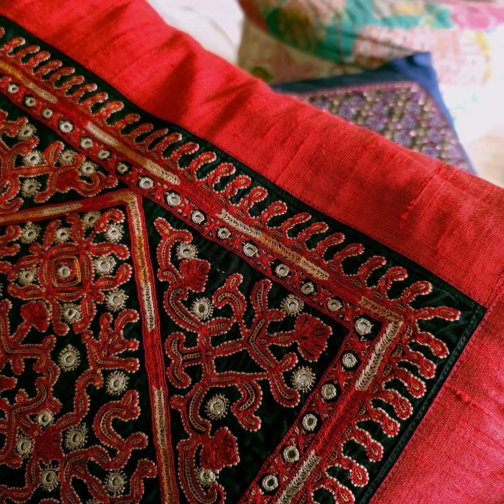 Scarlet Finely Embroidered Silk Cushion Cover