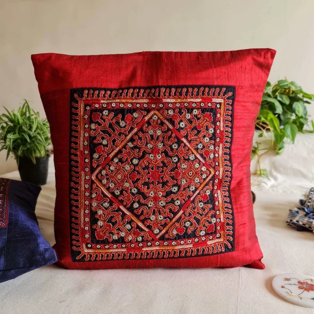 Scarlet Finely Embroidered Silk Cushion Cover