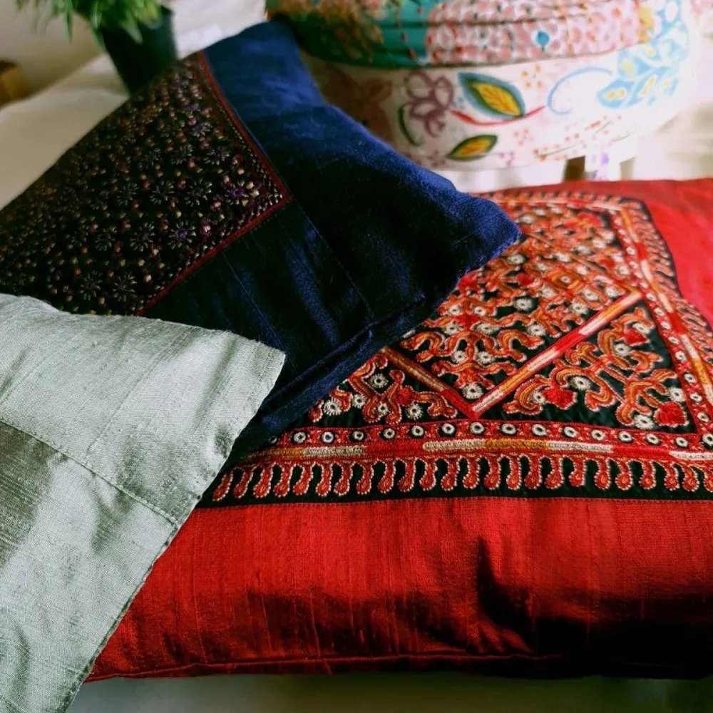 Scarlet Finely Embroidered Silk Cushion Cover