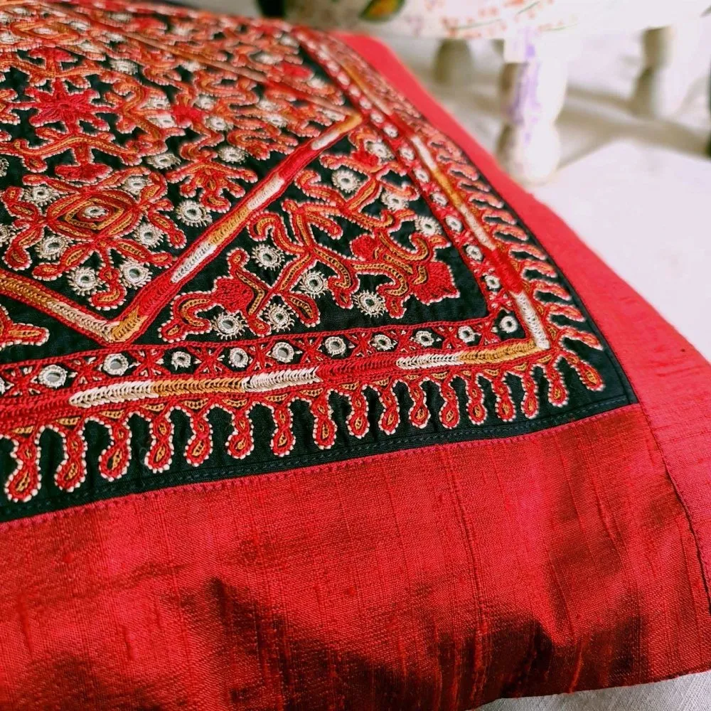 Scarlet Finely Embroidered Silk Cushion Cover