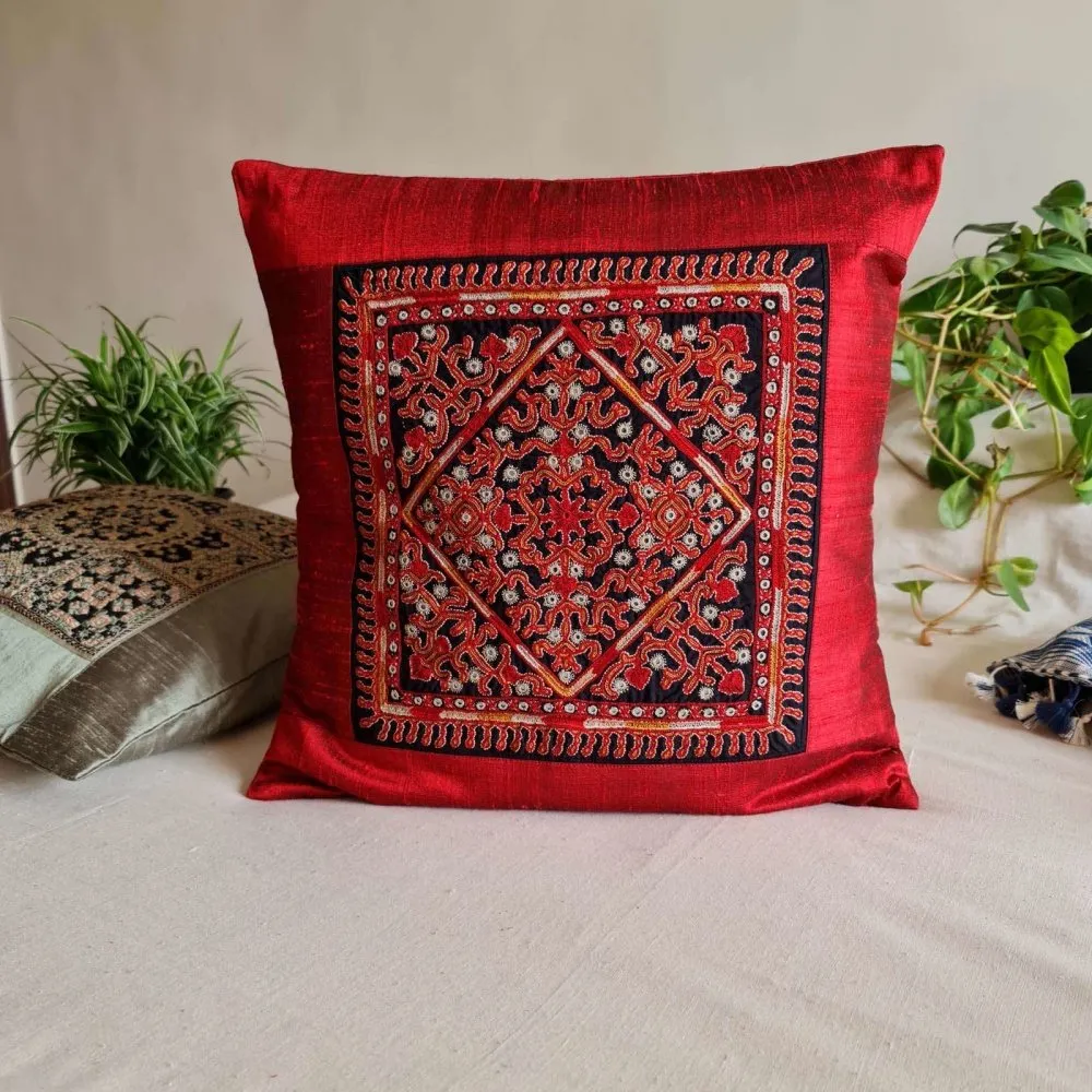 Scarlet Finely Embroidered Silk Cushion Cover