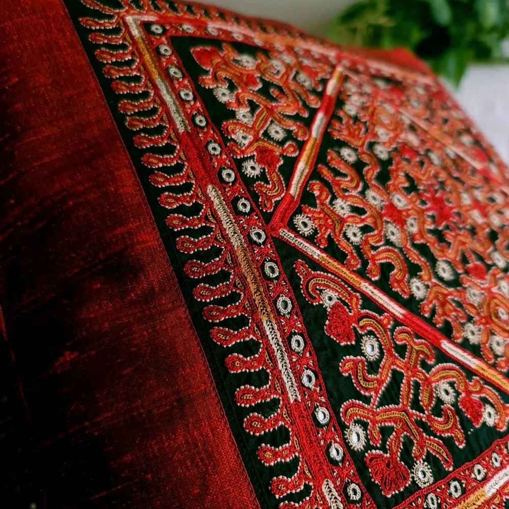 Scarlet Finely Embroidered Silk Cushion Cover