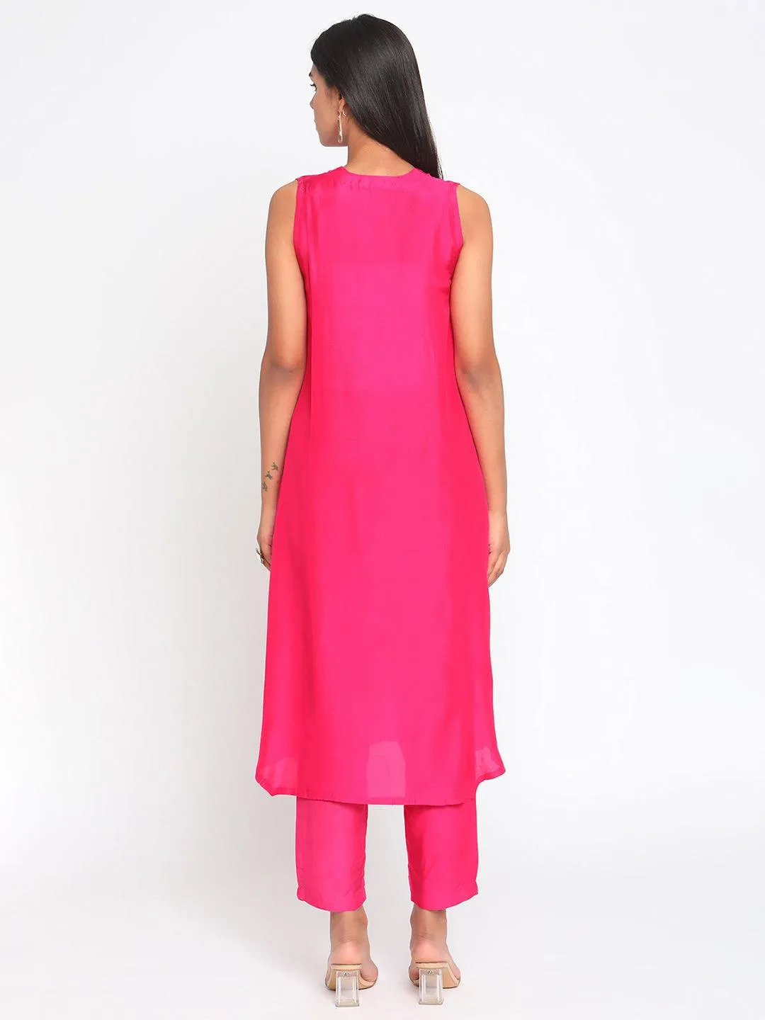 Silk Pink Sleeveless Kurta Pant Set