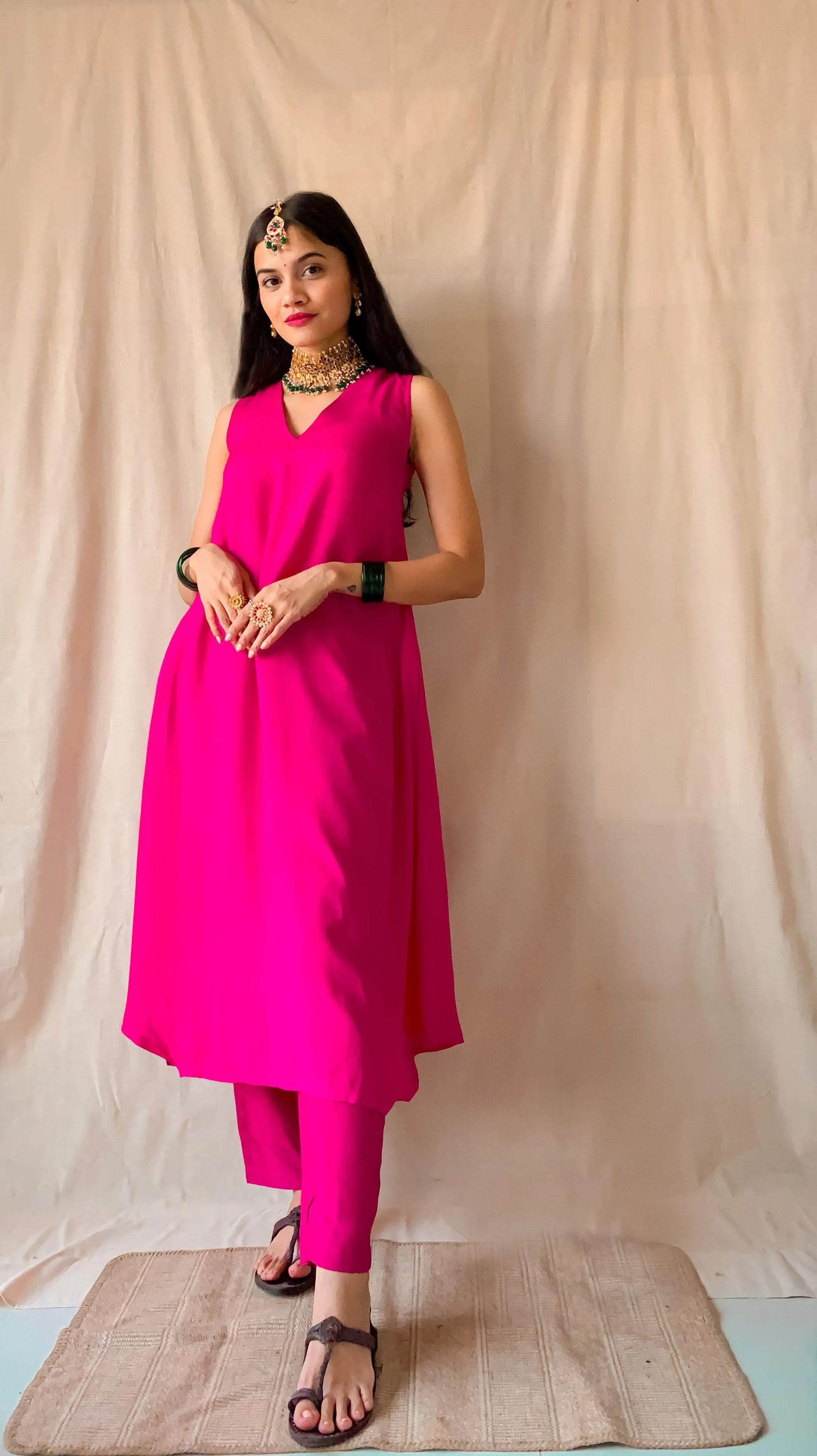 Silk Pink Sleeveless Kurta Pant Set