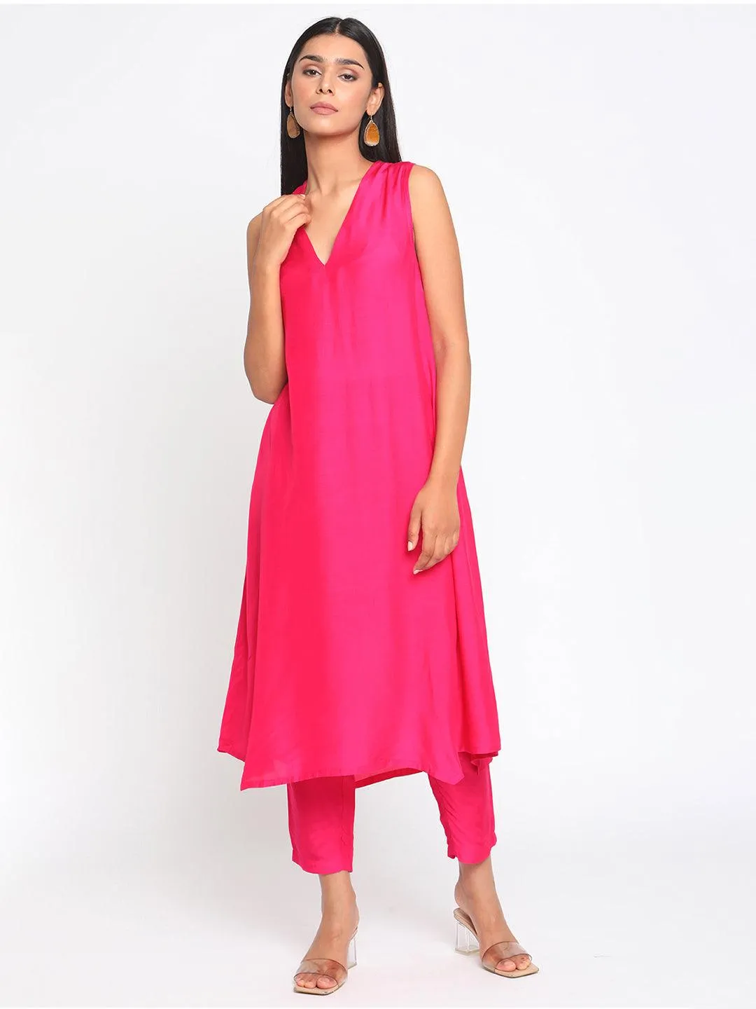 Silk Pink Sleeveless Kurta Pant Set